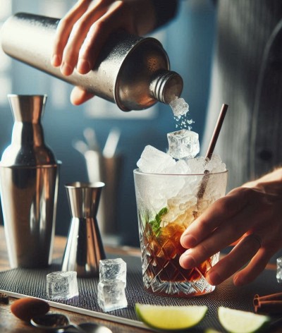 Persona echando el hielo con la cóctelera.